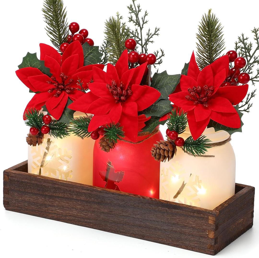 Tioncy Christmas Mason Jars Centerpiece Set Lighted Table Decoration Wood Tray with Hollow Jars LED Light Artificial Flowers Rustic Farmhouse Coffee Table Decoration for Living Room Home Xmas Party