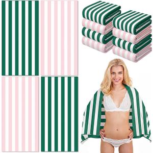 Peryiter 4 Pcs Pink and Green Cabana Striped Beach Towel 60x30 Inch Palm Beach Pool Towel Quick Dry Sand Resistant Microfiber Absorb Water for Summer Cabana Bachelorette Swimming Pool Party