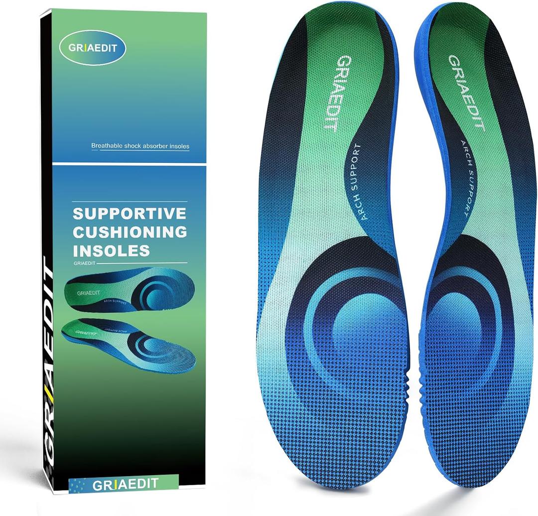 Plantar Fasciitis Insoles for Men Women, High Arch Support Orthotic Inserts for Flat Feet Pain Relief, Shock Absorbing Inserts for Standing All Day, Work Boots Mens 12/Womens 14 (Blue)