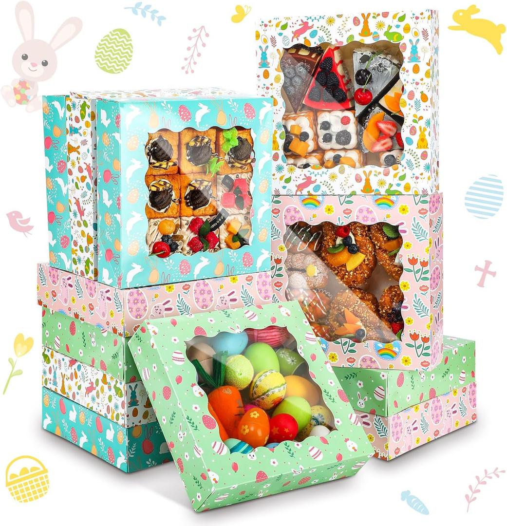 Skyygemm 12 Pcs Easter Treat Boxes with Window Bunny Egg Cookie Boxes Easter Cardboard Donut Box Easter Party Paper Container for Cake Bakery Cupcake Pastry Strawberries Favor (10 x 10 x 2.5 Inch)