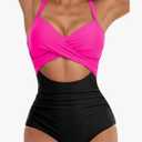 Women's One Piece Swimsuits Tummy Control Cutout High Waisted Bathing Suit Wrap Tie Back 1 Piece Swimsuit Black/ Pink M