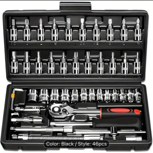 Egofine 46 Pieces 1/4 inch Drive Socket Ratchet Wrench Set, with Bit Socket Set Metric and Extension Bar for Auto Repairing and Household, with Black  Storage Case