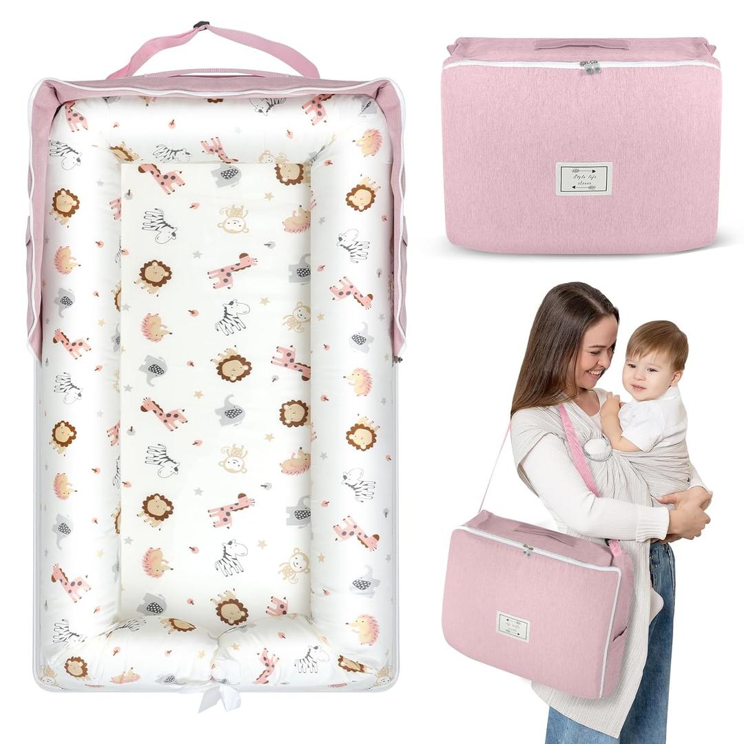 Baby Lounger for Newborn 0-24 Months, Portable Infant Lounger with Soft Breathable Cotton, Adjustable Size Lengthen Space Lightweight & Washable Essentials for Home (2. Pink Animal World)