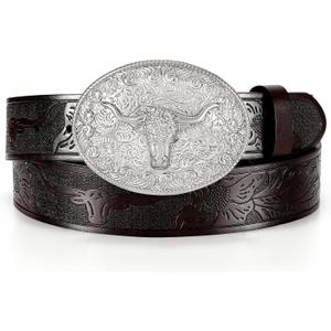 Western Cowboy Belt for Men Women Cowgirl Leather Belt for Jeans Bull Buckle Belt Floral-Engraved Mexican Belts (Black)