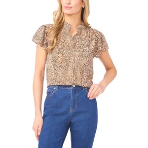 CeCe Women's Leopard Print Double Flutter Sleeves Open Collar Hidden Placket Top (M)
