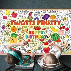 Twotti Fruity Coloring Poster for Kids - 31.5 x 72 Inch Large Twotti Fruit Coloring Tablecloth for Kid Birthday Party Games, Happy Birthday Apple Pineapple Giant Coloring Poster for Party Decoration