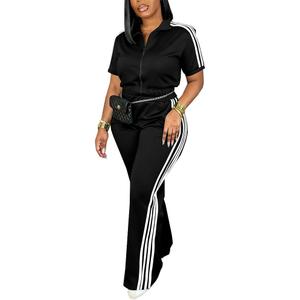 HBQ Women's Two Piece Tracksuit Set Short Sleeve Zip Up Polo Top Side Stripe Flare Pants with Pocket Athletic Casual Outfit (X-Large, Black)