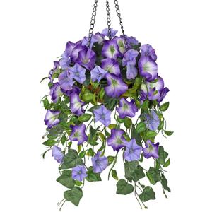 Briful Artificial Hanging Flowers for Outdoors, Fake Hanging Morning Glory Plants & Flowers with Basket Silk Flowers Hanging Decor for Front Porch Home Garden Balcony Room Decor (Blue Purple)