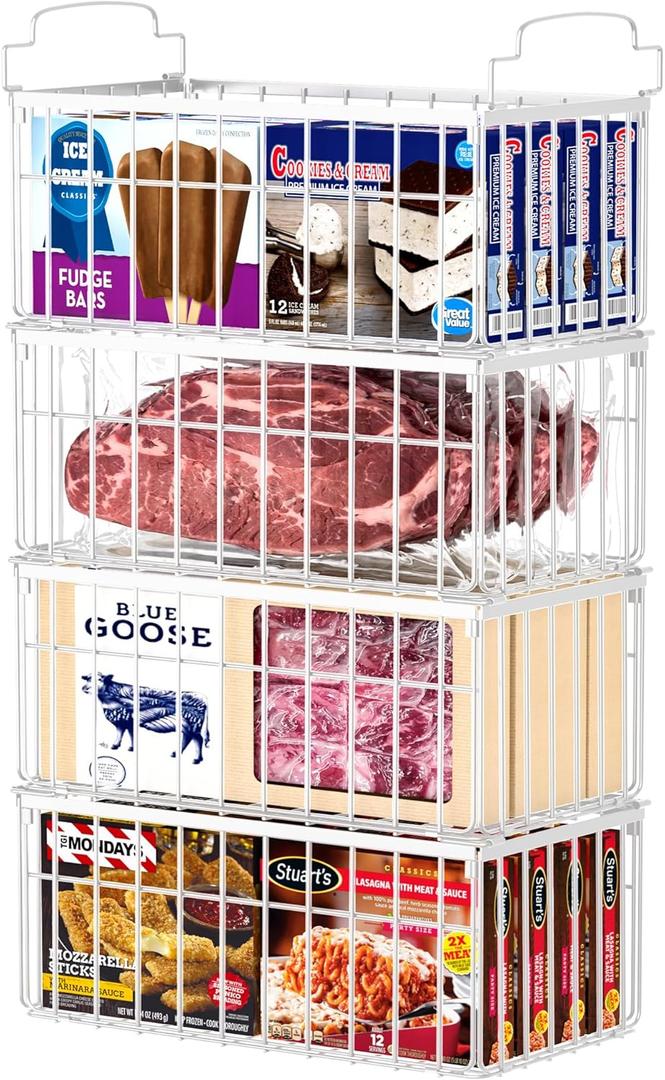 Freezer Organizer Bins, 4 Pack Stackable Deep Chest Freezer Organizer Bins, Foldable Baskets with Handles, White Storage Container Baskets for 5/ 7 Cu.FT Sort Frezen Meats