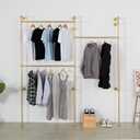 Modern Simple Industrial Pipe Double Hanging Rods Clothing Rack, Clothes Rack Wall Mounted Heavy Duty Hanging Clothes Rack, Detachable Garment Bar 93.7X84inch (Gold)