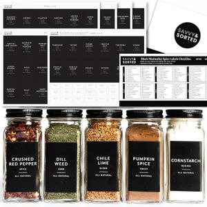 Black Spice Labels for Jars, 148 Preprinted Organizing Stickers Designed for Spices Storage Glass Bottles for Herbs Seasonings, Kitchen Pantry Organization