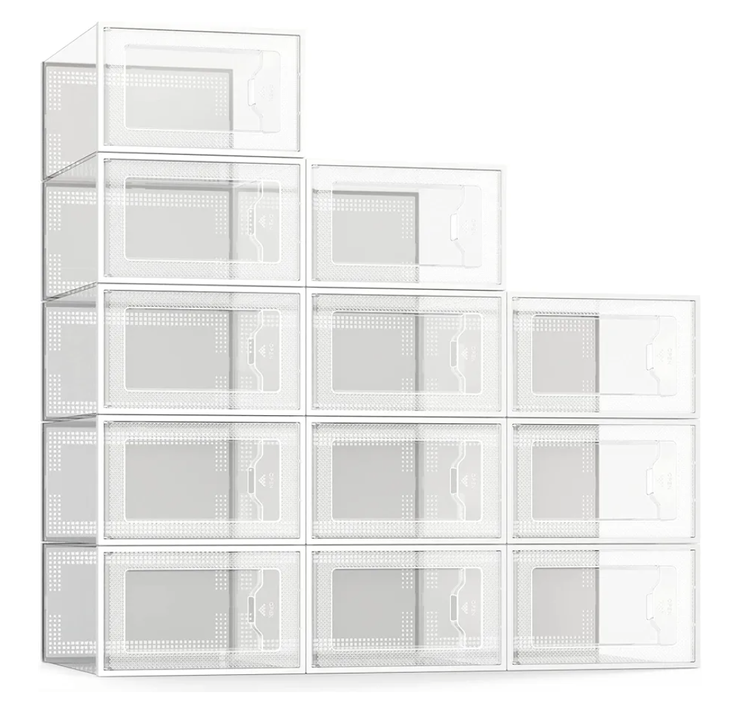 SEE SPRING 12 Pack Shoe Storage Box, Clear Plastic Stackable Shoe Organizer for Closet, Space Saving Foldable Shoe Rack Sneaker Container Bin Holder