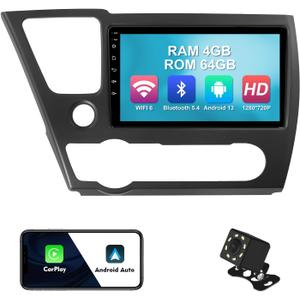 4+64G 9-inch Android 13 WiFi 6 Car Stereo for Honda Civic 2013-2015 IPS Touchscreen Screen Bluetooth 5.4 Car Radio with Carplay & Android Auto Support Backup Camera FM Navi SWC (with Air Outlet)