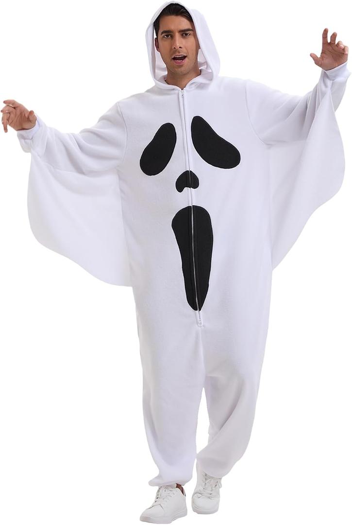 Halloween Mens Ghost Costume Adult Scary One Piece Jumpsuit Outfit Hooded Ghost Onesie Cosplay for Cosplay Party (Large)