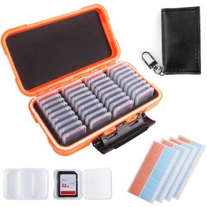 36 Slots Memory Card Case Orange with 36 Transparent Holders & 40 Writable Labels, SD Card Storage Case & Organizer for Camera Memory Cards