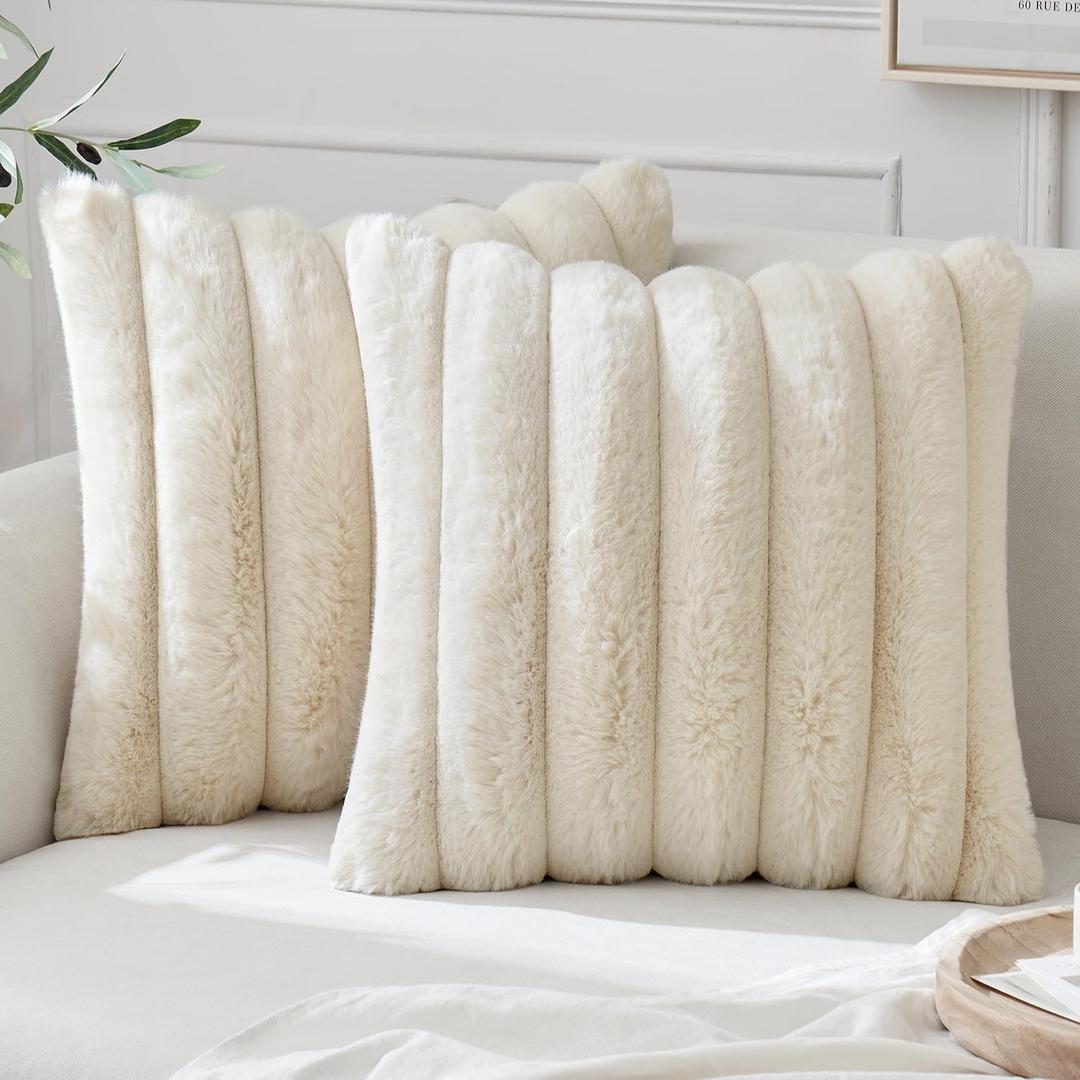 EMEMA Pack of 2 Faux Fur Throw Pillow Covers 18x18 Inch Luxury Soft Fluffy Striped Decorative Pillow Covers with Velvet Back for Home Decor Living Room Sofa Couch Beige