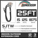 25 Ft Black 3 Outlet Outdoor Extension Cord with Lighted End 12 Gauge