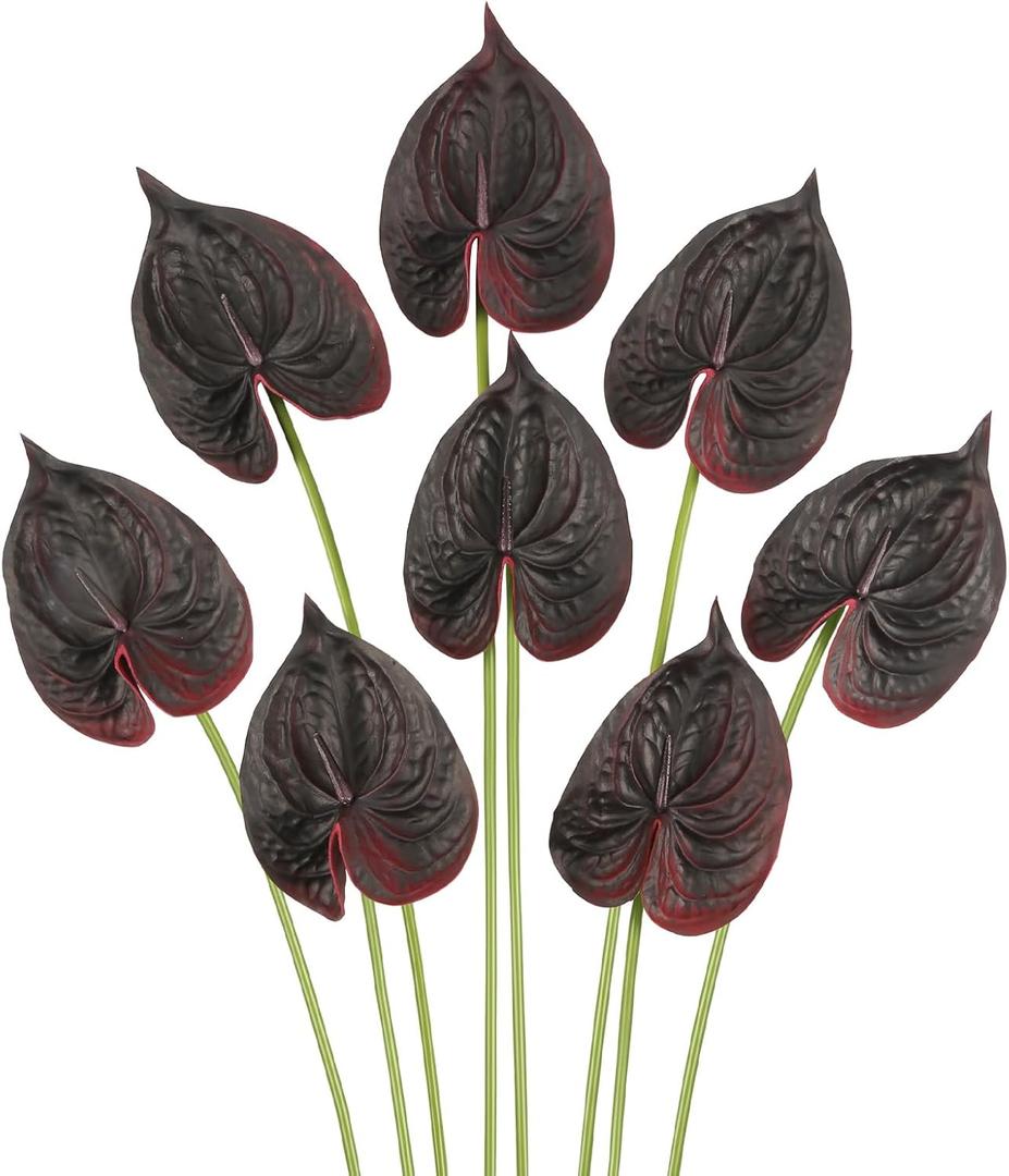 8PCS Burgundy Faux Anthurium Flowers 24.8’’ Real Touch Flowers Long Stem Artificial Anthurium for Vase Table Centerpiece Home Wedding Party Garden Spring Decoration(Burgundy)