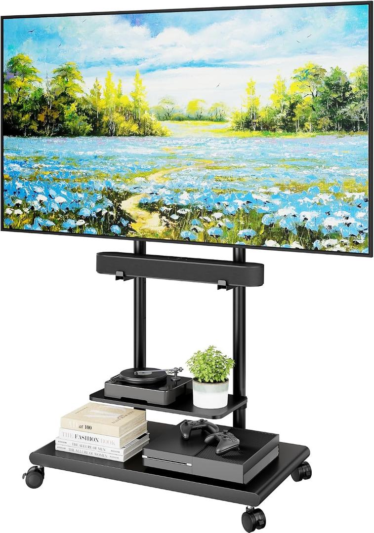 Steel Base Rolling TV Stand with Soundbar Mount for 50-90 inch TVs up to 154lbs, Swivel&Tilt Mobile TV Stand with Large Storage, Height Adjustable Heavy-Duty TV Cart, Max VESA 600x400mm, Black