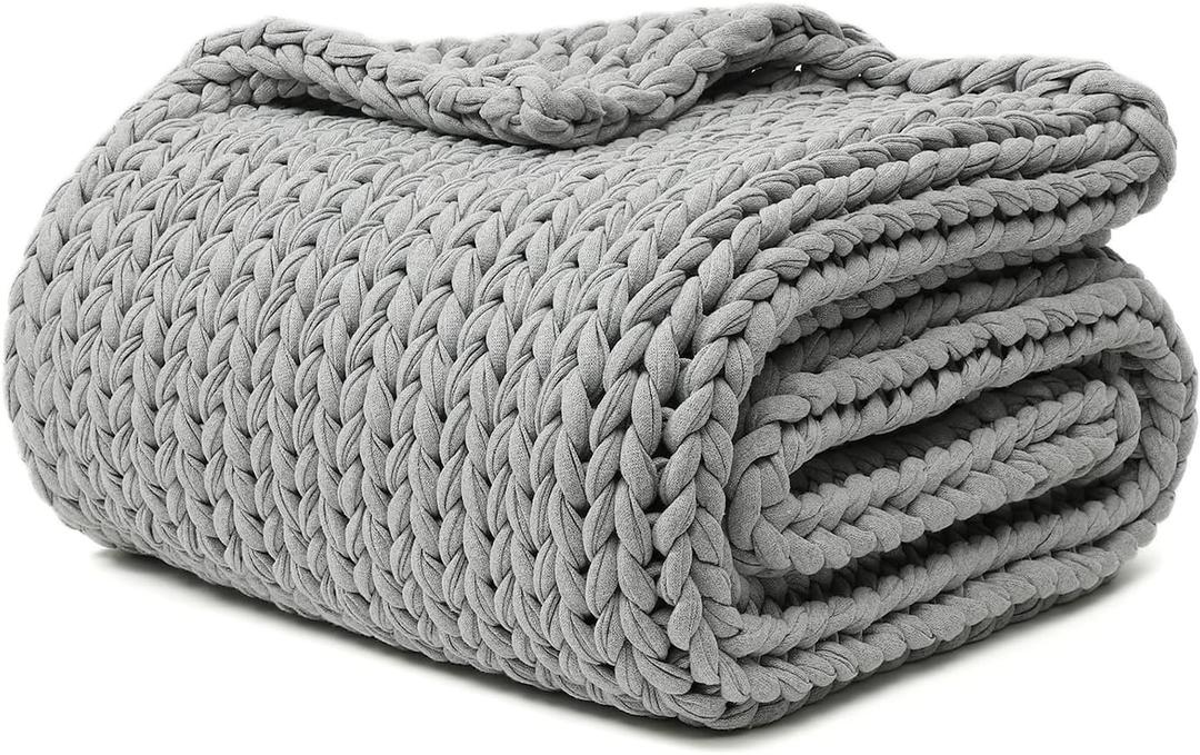 YnM 100% Cotton Weighted Blanket, Handmade Chunky Knitted Throw, No fillers Design, Soft and Breathable, Machine Washable Bed Blanket for Sleep or Home Decor (Lighte Grey, 60x80 Inch, 25lbs)