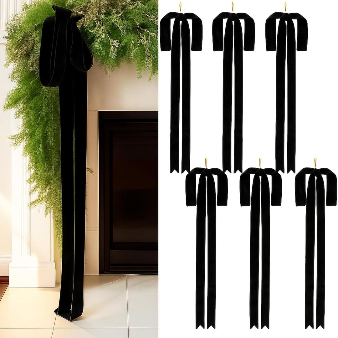 Janinka 6 Pcs Black Velvet Christmas Swag Bow 31.5 x 23.6 inch Large Vintage Christmas Ornament Rustic Velvet Staircase Wreath Bows Xmas Tree Topper Bows Large Bow for Outdoor