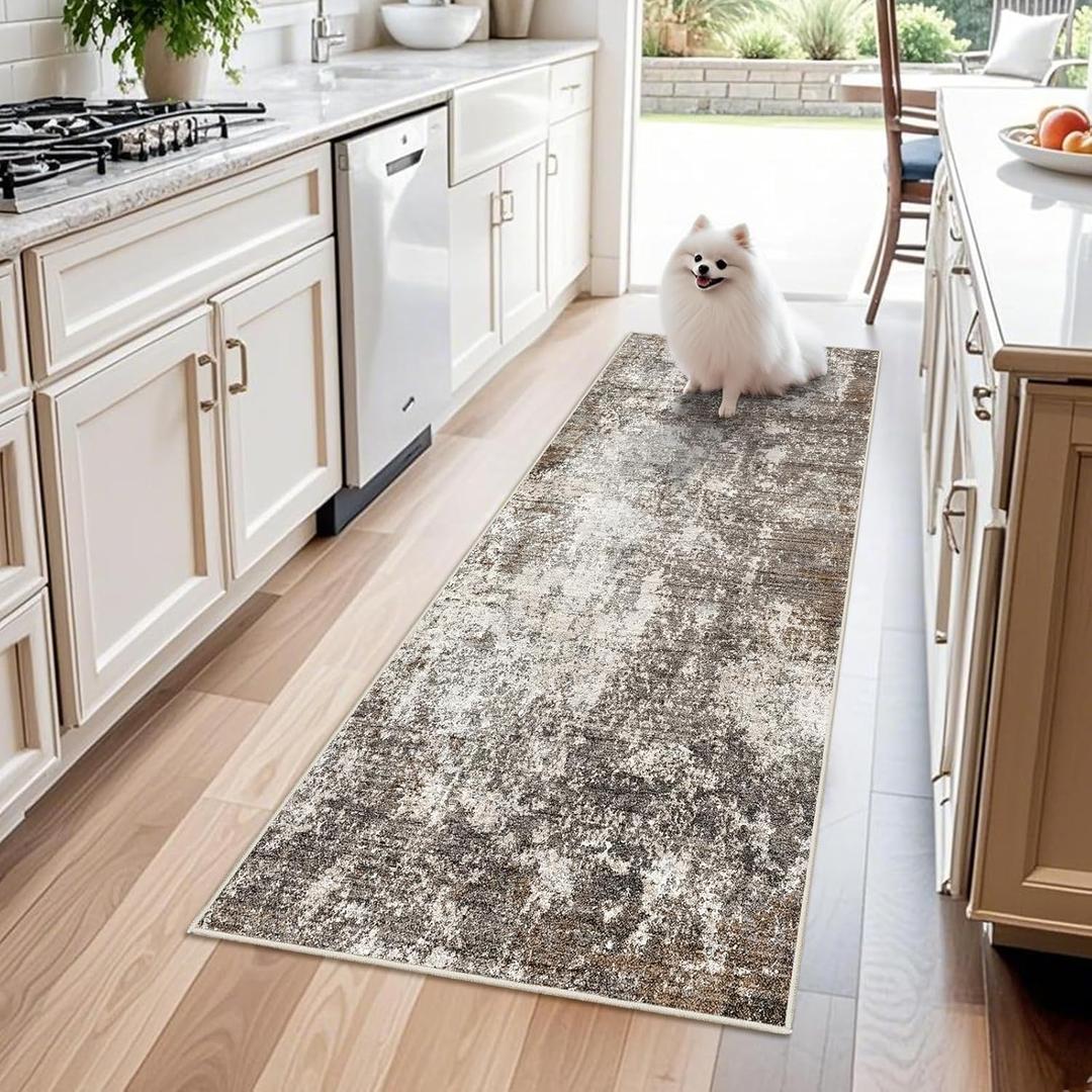 2x6 Runner Rug Non-Slip Washable for Kitchen Hallway - Modern Abstract Neutral Carpet Runner for Bedroom Bedside Laundry Room Entryway Soft Low-Pile Stain-Resistant (Brown Beige, 2x6)