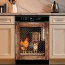 Chicken Coop Dishwasher Magnet Cover 23 x 26 Inch, Farmhouse Rooster & Hens Magnetic Dishwasher Door Cover, Rustic Barnyard Chicken Wire Appliance Front Panel Decor for Kitchen (Reddish Brown)