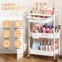 3 Tier Metal Rolling Utility Cart with Drawer & Lockable Wheels - Heavy-Duty Multifunctional Storage Organizer with 2 Cups and 4 Hooks for Bathroom, Kitchen, Snack, Craft, Makeup, Baby Essentials