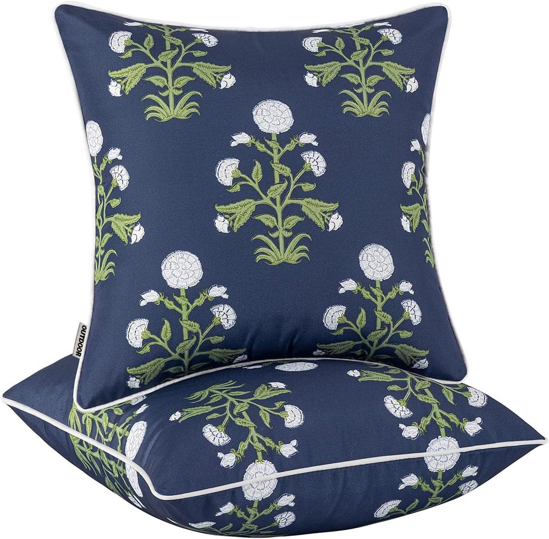 MIULEE Decorative Floral Outdoor Pillow Covers with Inserts Set of 2 18x18,Waterproof Vintage Fade Resistant Patio Throw Pillows with Piping for Spring Summer Garden Couch Sofa,Navy Blue