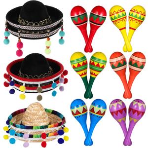 Honoson 12 Pcs Wooden Fiesta Maracas 6 Pcs Cinco De Mayo Mini Sombrero Top Hat for Kid Festival sombrero Mexican Party Decor(18 Pcs,Stylish Style)