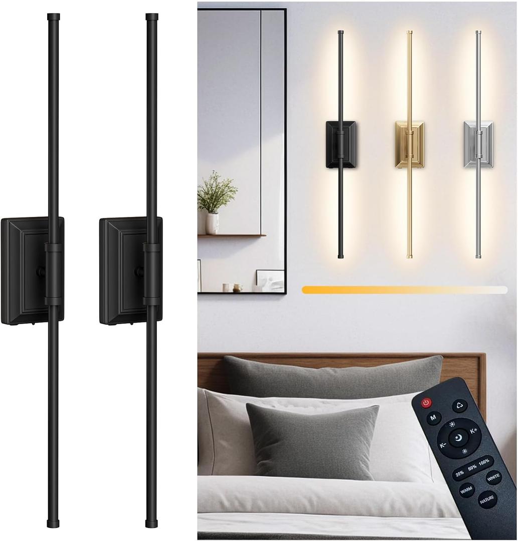Battery Operated Wireless Wall Sconce - Modern Rechargeable Led Sconces in Black Gold Silver - Bedroom Decor Stick On Lights Set of 2 - Long Indoor Living Room Bathroom Remote Wall Light