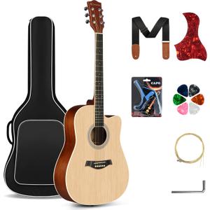 CAHAYA Acoustic Guitar Beginner Kit - 41in Adult All Wood Starter Set Includes with Thickened Gig Bag Capo Pickguard Strings Picks Strap for Kids Teenager Students Natural