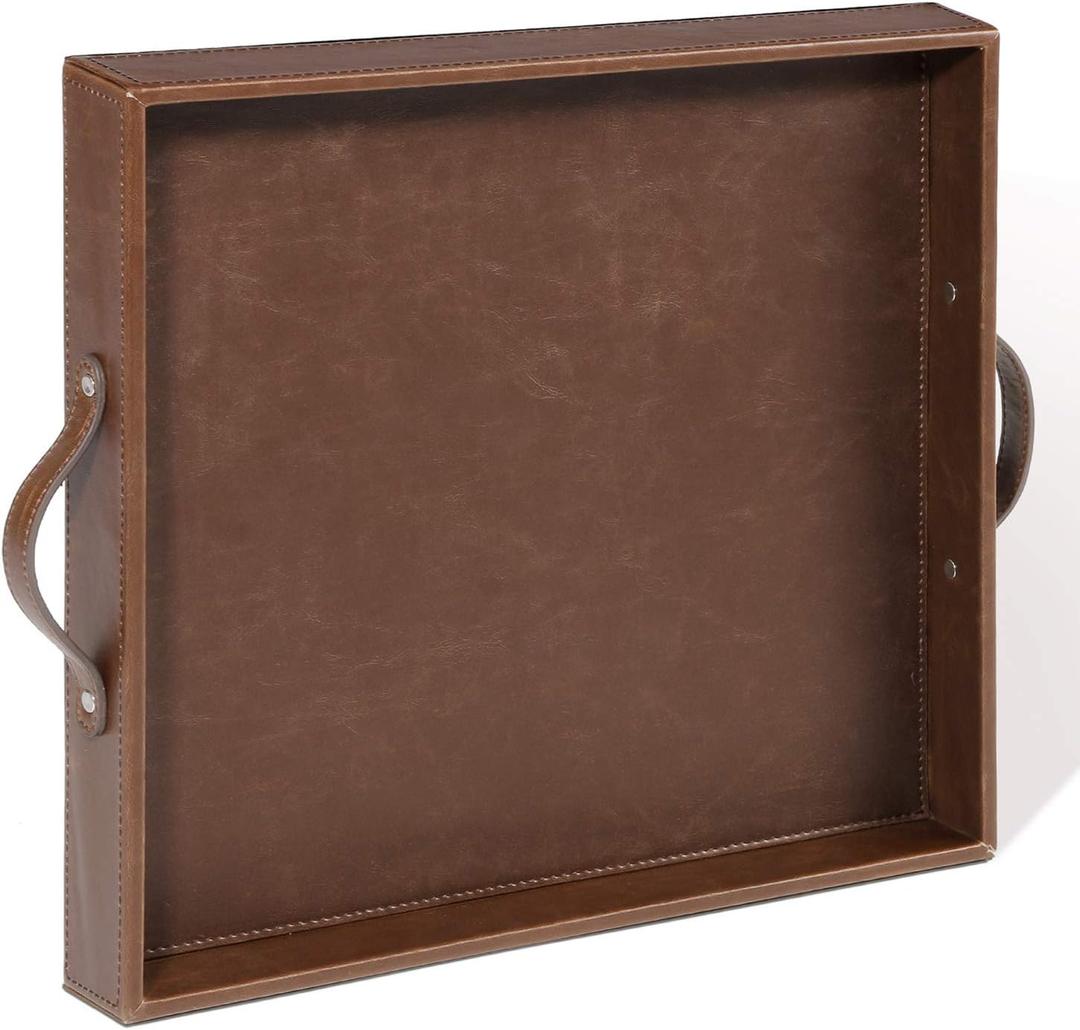 Ranslen Square Leather Serving Tray with Handles, 15"x15" Decorative Table Tray for Home, Ottoman, Coffee Table, Brown