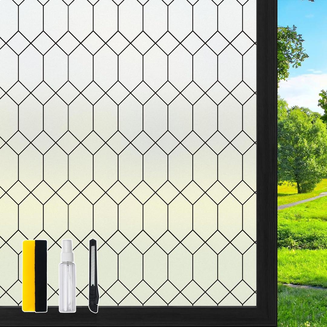 DKTIE Window Privacy Film Stained Glass Frosted Glass Window Clings Moroccan Lattice Decorative Bathroom Door Coverings UV Sun Blocking Heat Control (S593, 29.5in X 118.1in)