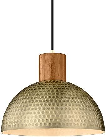 ELYONA Vintage Pendant Light Fixtures, 12” Brushed Brass Hammered Metal & Rubber Wood Industrial Dome Hanging Lamp, Antique Gold Kitchen Pendant Light for Island, Farmhouse, Sink, Dining Room, Hallway