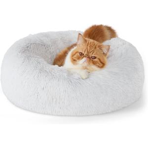 Bedsure Calming Cat Beds for Indoor Cats - Small Cat Bed Washable 20 inches, Anti-Slip Round Fluffy Plush Faux Fur Pet Bed, Fits up to 15 lbs Pets, Frost Grey