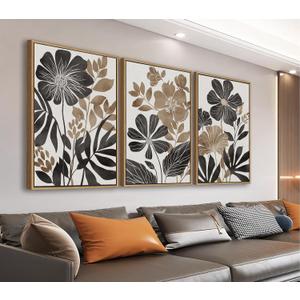 Large Framed Canvas Wall Art - Natural Float Framed Rustic Black Flowers Leaves Pictures Decor Brown Floral Foliage Artwork for Bedroom Living Room Kitchen Home Office Decoration 48" X 24" Set of 3, 16" X 24" X 3pieces Framed