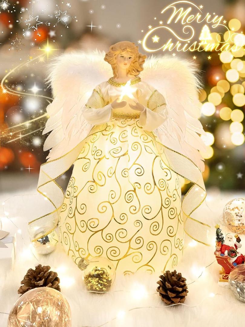HOHOTIME 12'' Angel Tree Topper with White Feather Wings and Gold Skirt, Christmas Tree Topper with LED Light for Tree Toppers Holiday Ornament Decorations, Gold