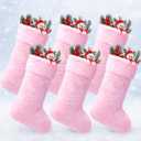 JOVITEC 6 Pieces 20 Inch Christmas Stockings Faux Fur Snowy Christmas Stockings Xmas Fireplace Hanging Stocking Candy Gift Bags for Holiday Decorations (Cute, Pink)
