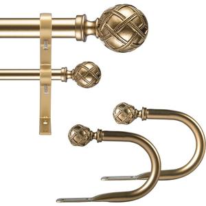 Ycolnaefllr 1 Inch Diameter Double Curtain Rod Set for Windows Heavy Duty Double Window Treatment Curtain Rod Adjustable from 48 to 84 Inch, Resin Finials with Curtain Holdbacks,Gold