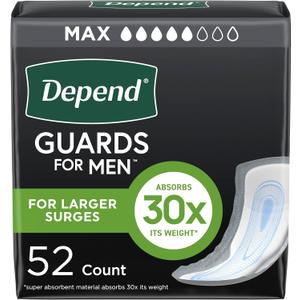Depend Guards Incontinence Pads for Men, Maximum Absorbency, 52 Count, Packaging May Vary (One Size)