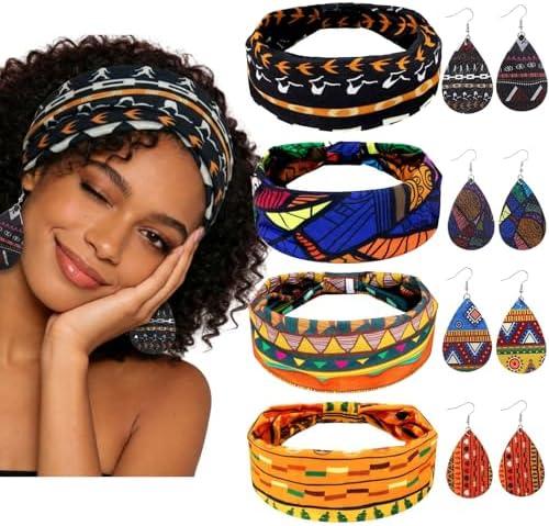 MJFSGYO African Head Wraps for Black Women, 4 Pieces Non-Slip Stretchy Boho Headbands and 4 pairs Lightweight Teardrop African Leather Earrings, Bright Print Yoga Headwrap for Workout