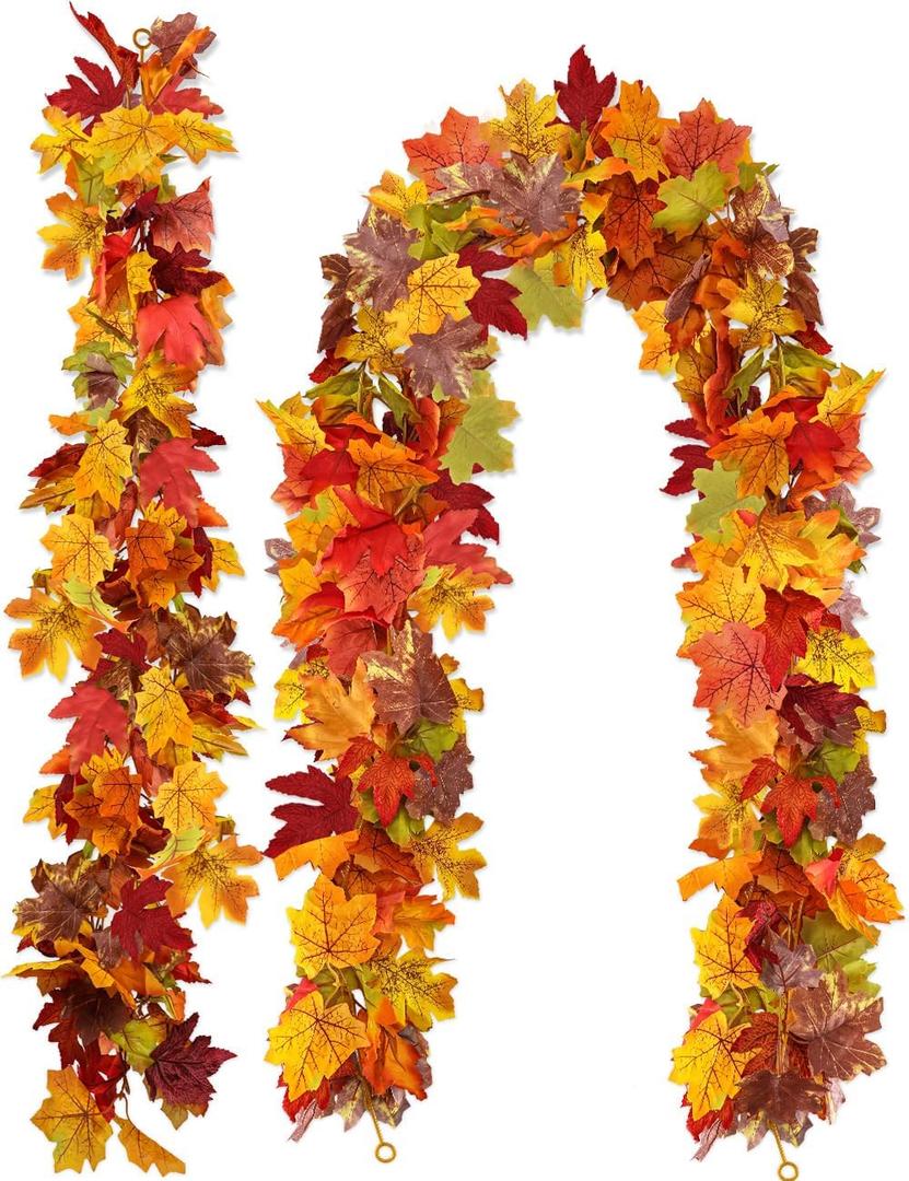 wohohoho 2 Packs Fall Garland Maple Leaf, 5.9Ft/Pieces Fall Leaves Garland 7 Maple Leaves Hanging Vines for Autumn Decor Halloween Thanksgiving Christmas Indoor Outdoor Decorations (Orange)