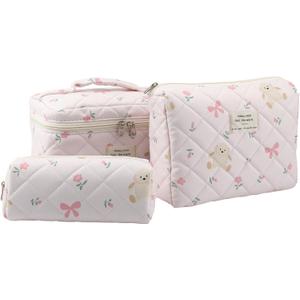 3PCS Coquette Makeup Bag,Quilted Cosmetic Bag Large Make Up Bag Set,Quilted Portable Toiletry Organizer Bag,Cotton Travel Skincare Bag for Women Girls (05-Pink Rabbit)