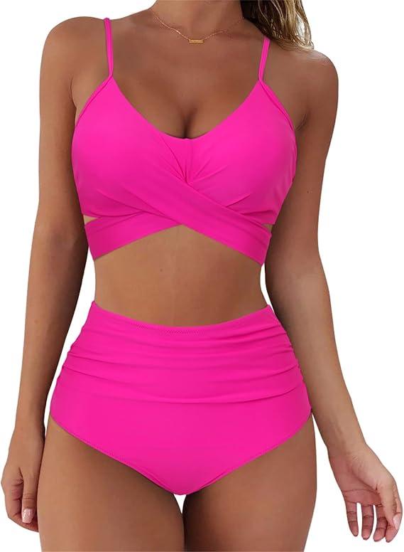 SUUKSESS Women High Waisted Bikini Criss Cross Swimsuits Push Up Bathing Suits(M, Hot Pink)
