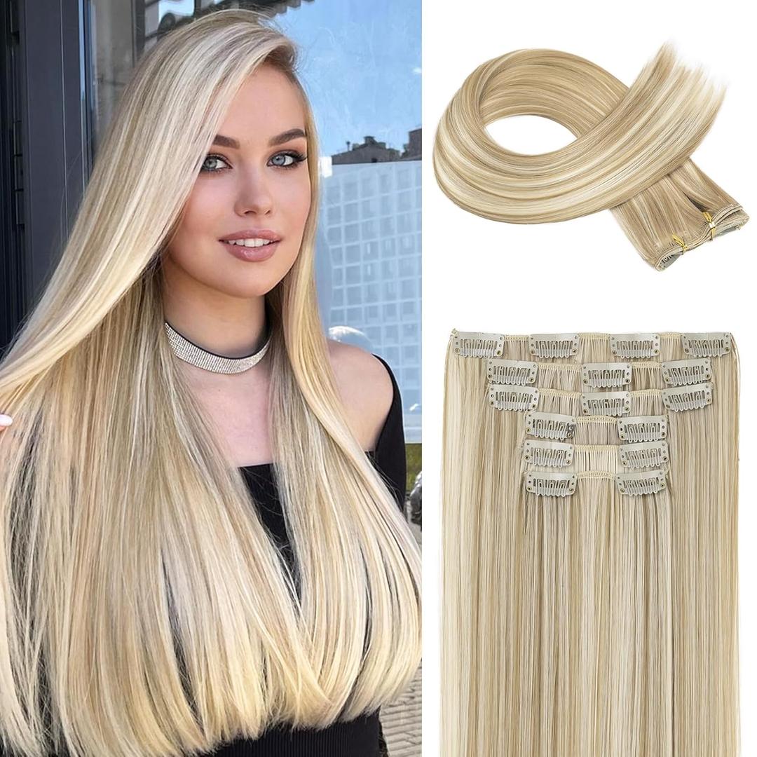 FLUFYMOOZ 6PC Clip in Hair Extensions 24" Straight Long Extensions for Women Synthetic Hairpiece (Blonde with Blonde Highlights) (24 Inch)