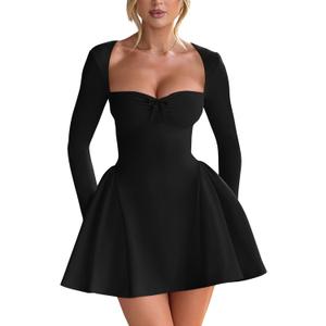 YMDUCH Women's Sexy Long Sleeve Sweetheart Neck A-line Ruffle Hem Party Club Mini Dress (Black, L)