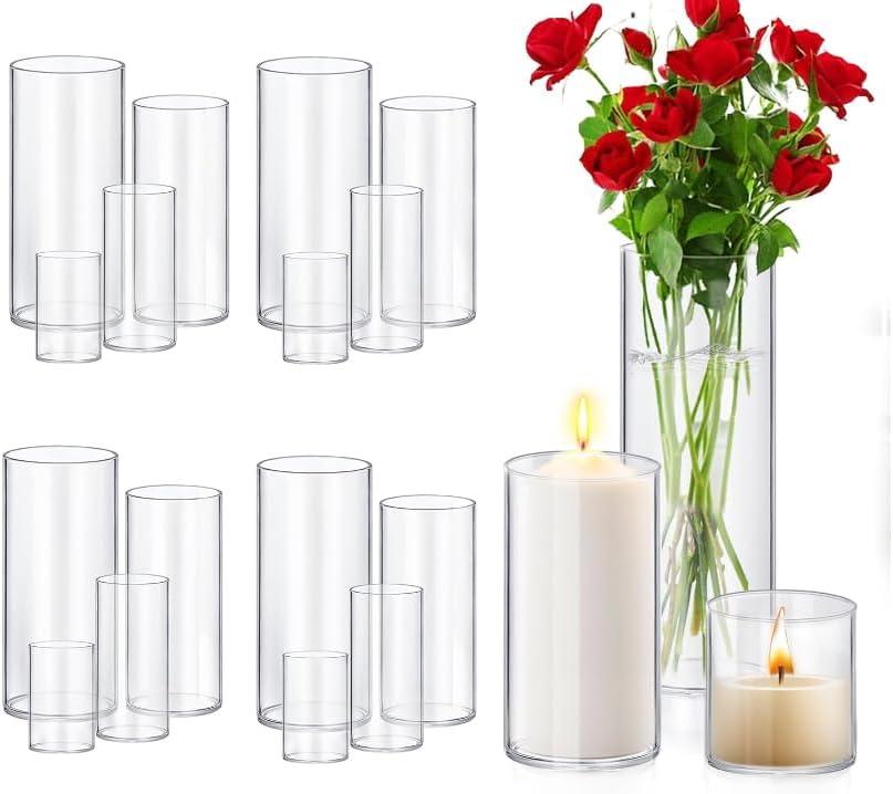 Homjoy Glass Cylinder Vase Sets 16 Pack Tall Clear Flower Vase Hurricane Floating Candle Holder for Table Centerpiece Wedding Home Décor(2.17 x 4IN + 2.56 x 6IN + 3.15 x 8IN + 3.55 x 10IN)