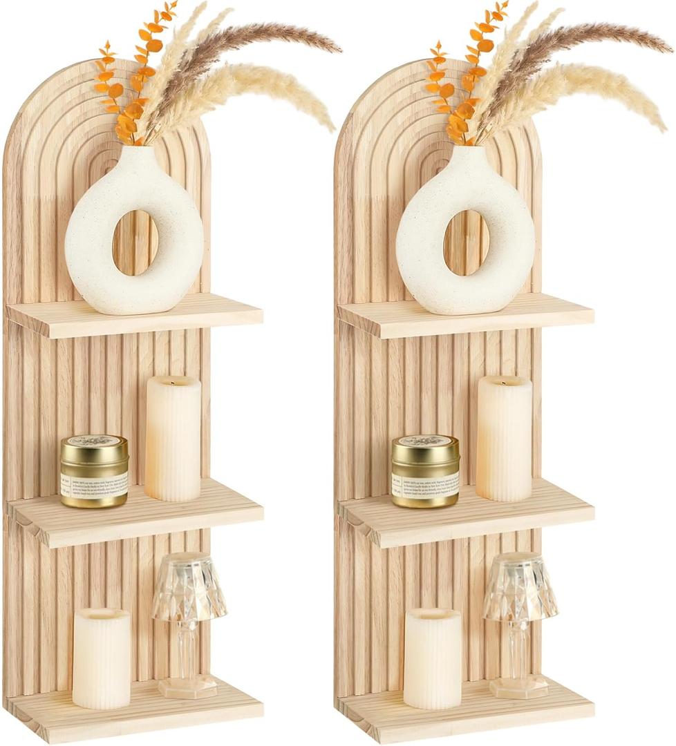 Geetery 2 Pcs Boho Wall Shelf Arch Wooden Floating Shelves Mid Century Rainbow Wall Shelf Hanging Holder Double Vintage Mount Altar Decor for Nursery Bedroom(3 Tier)