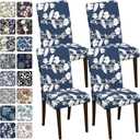 Chair Covers Dining Room Set of 4,Printed Patterned Stretch Non Slip Chair Slipcover Removable Washable Kitchen Chair Protector Cover for Home Hotel Banquet Party Office (Dark Navy White Orchid Leaf)